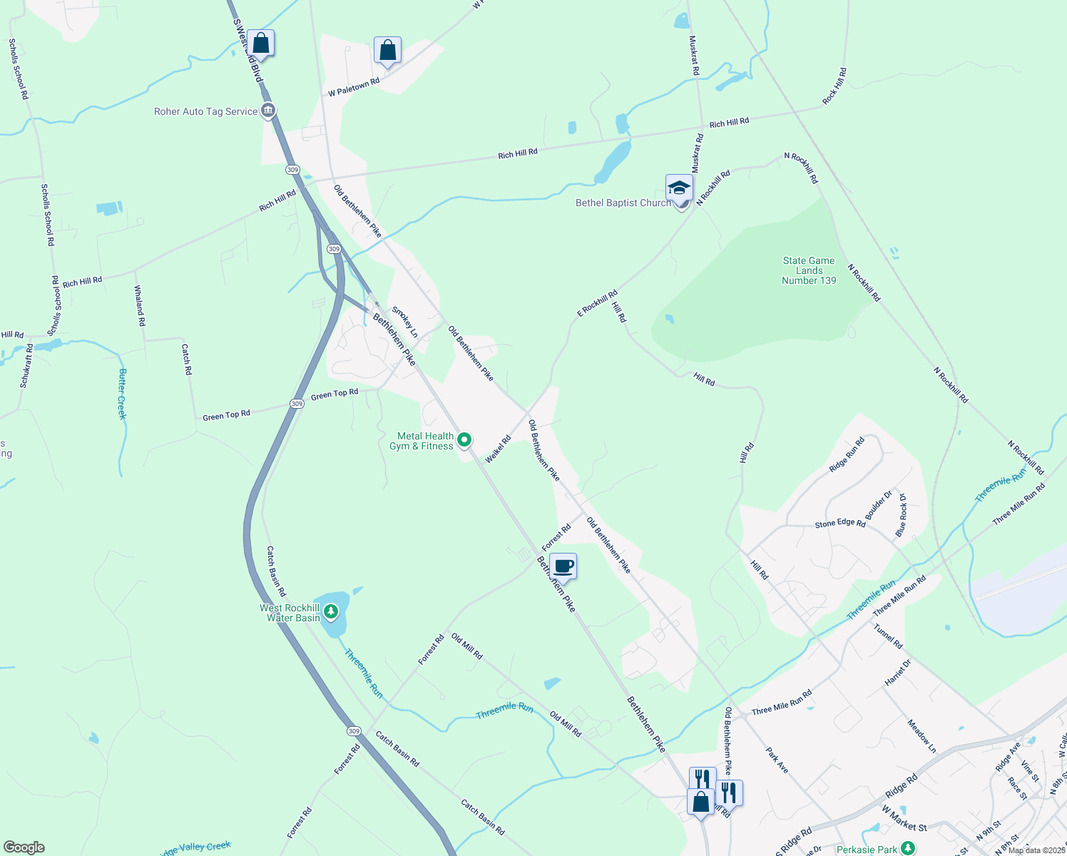 map of restaurants, bars, coffee shops, grocery stores, and more near 1921 Old Bethlehem Pike in Sellersville