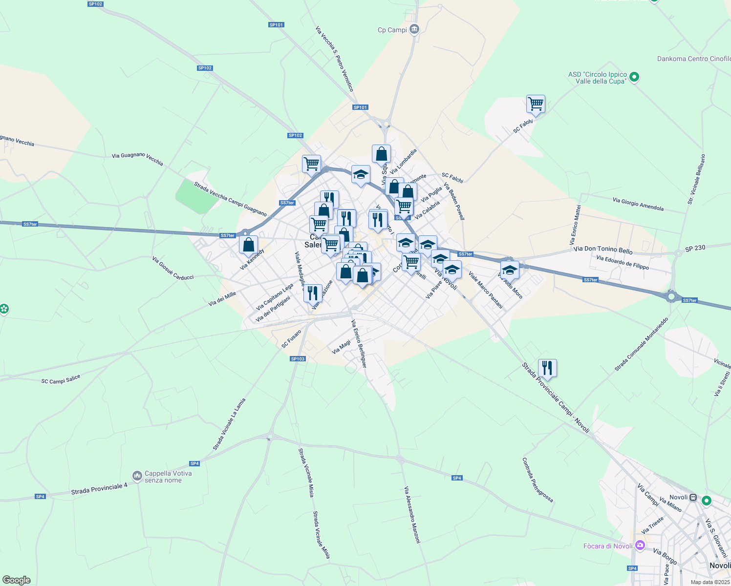 map of restaurants, bars, coffee shops, grocery stores, and more near 13 Via Pacinotti in Campi Salentina