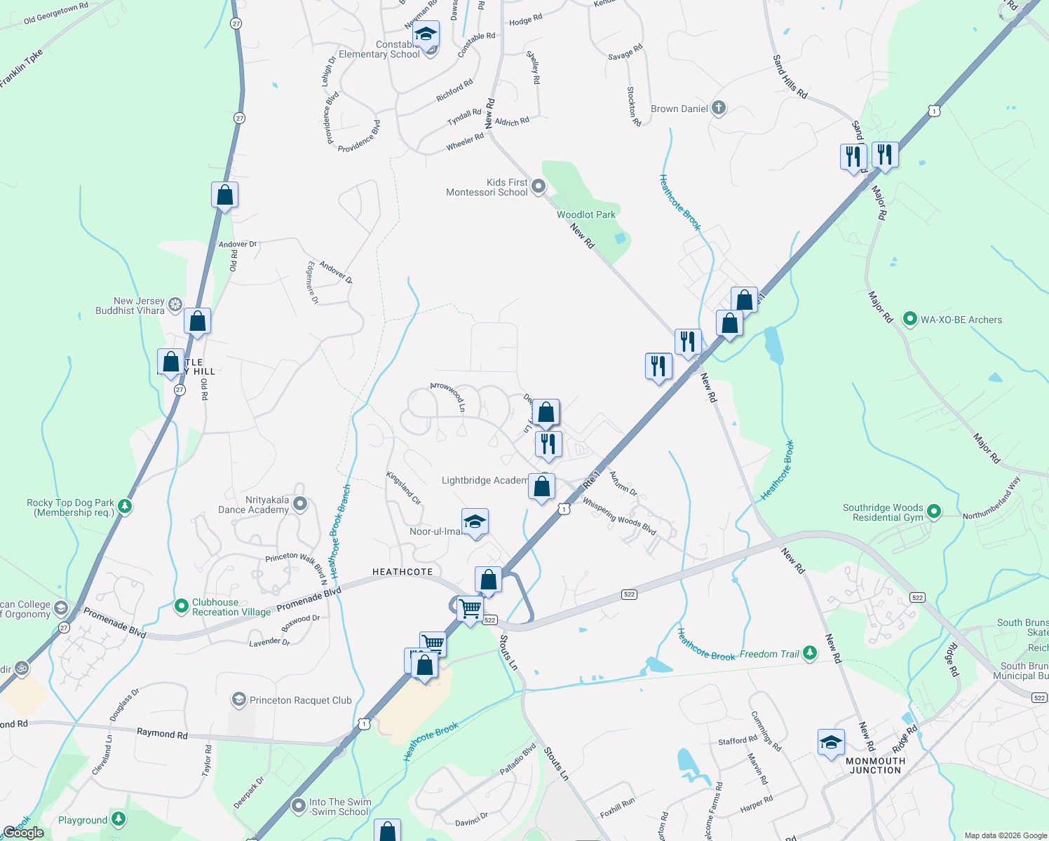 map of restaurants, bars, coffee shops, grocery stores, and more near 17 Deerberry Lane in South Brunswick Township