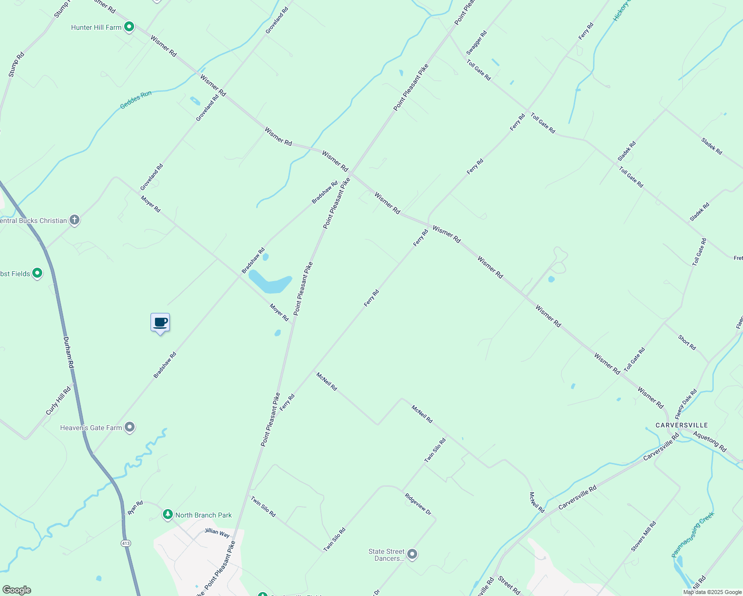 map of restaurants, bars, coffee shops, grocery stores, and more near 6250 Ferry Road in Doylestown