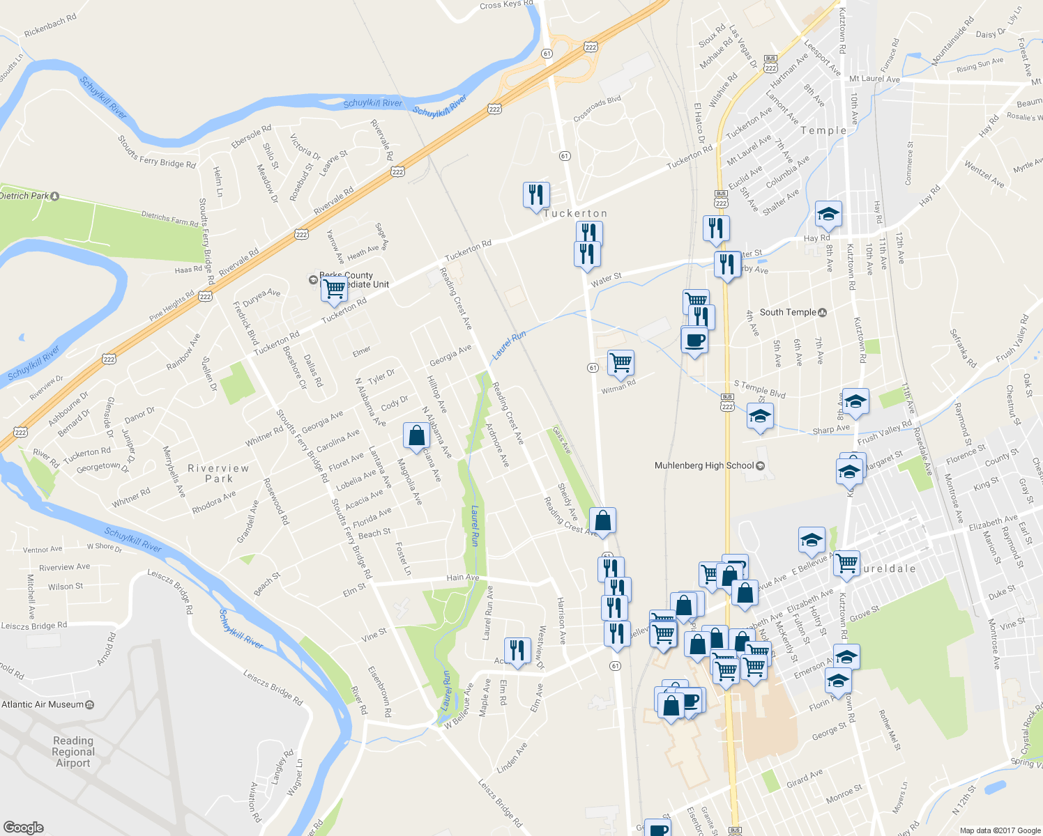 map of restaurants, bars, coffee shops, grocery stores, and more near 3559 Reading Crest Avenue in Reading