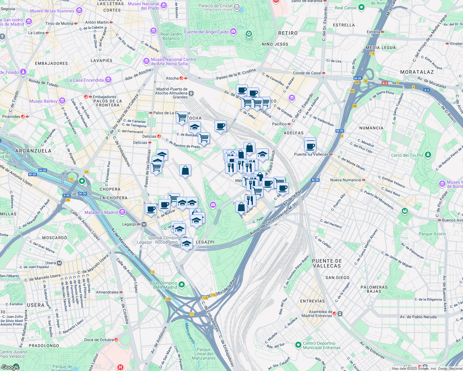 map of restaurants, bars, coffee shops, grocery stores, and more near 32 Calle Amaltea in Madrid
