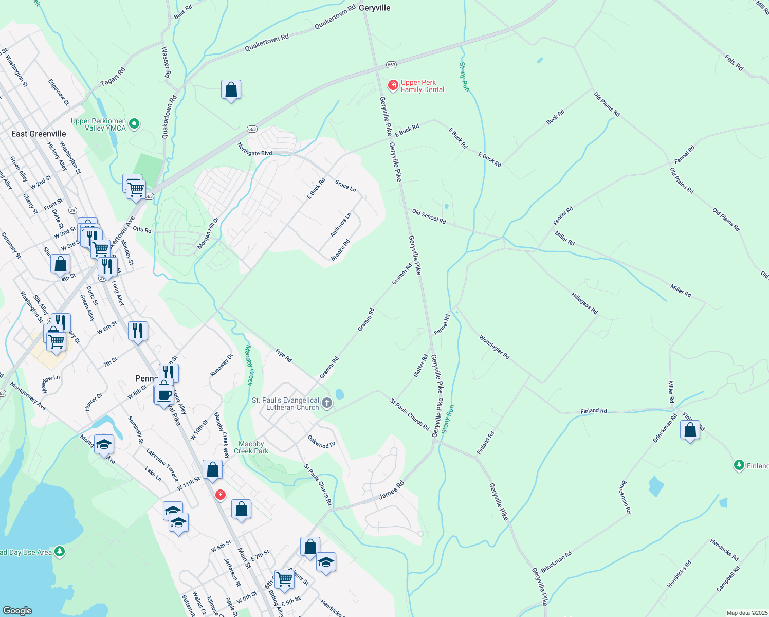 map of restaurants, bars, coffee shops, grocery stores, and more near 2444 Gramm Road in Pennsburg