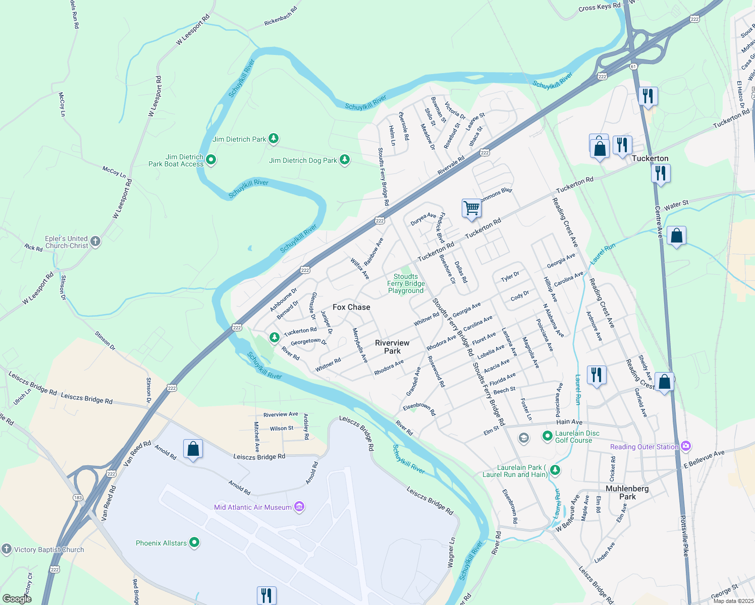 map of restaurants, bars, coffee shops, grocery stores, and more near 920 Suellen Dr in Reading