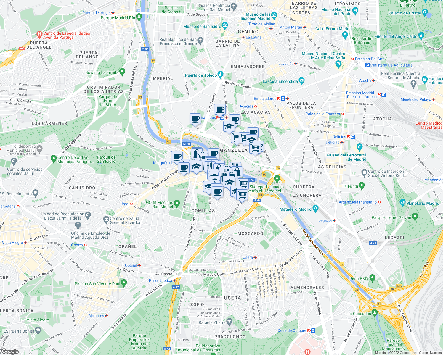 map of restaurants, bars, coffee shops, grocery stores, and more near 142 Avenida del Manzanares in Madrid