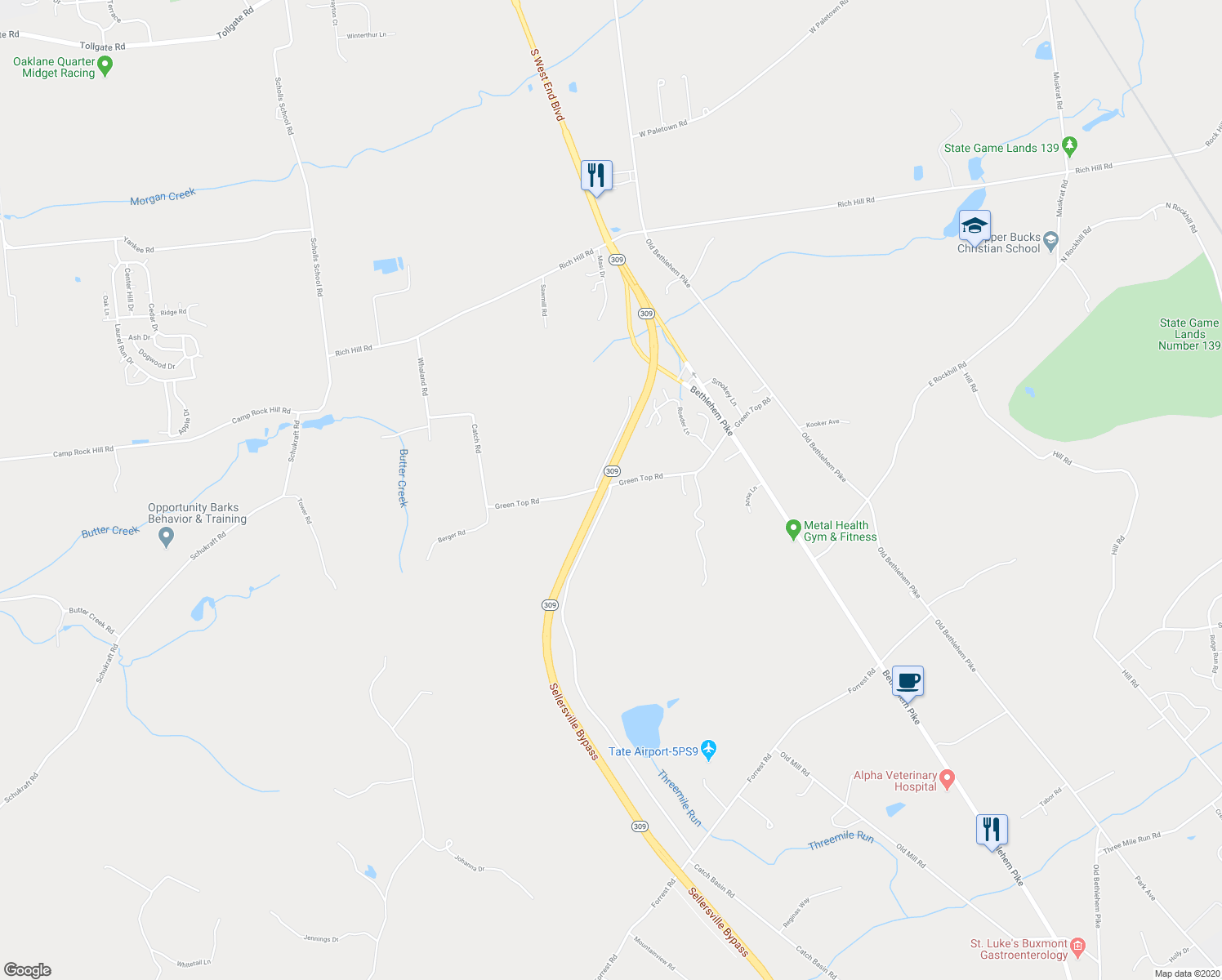 map of restaurants, bars, coffee shops, grocery stores, and more near 1294 Catch Basin Road in Quakertown