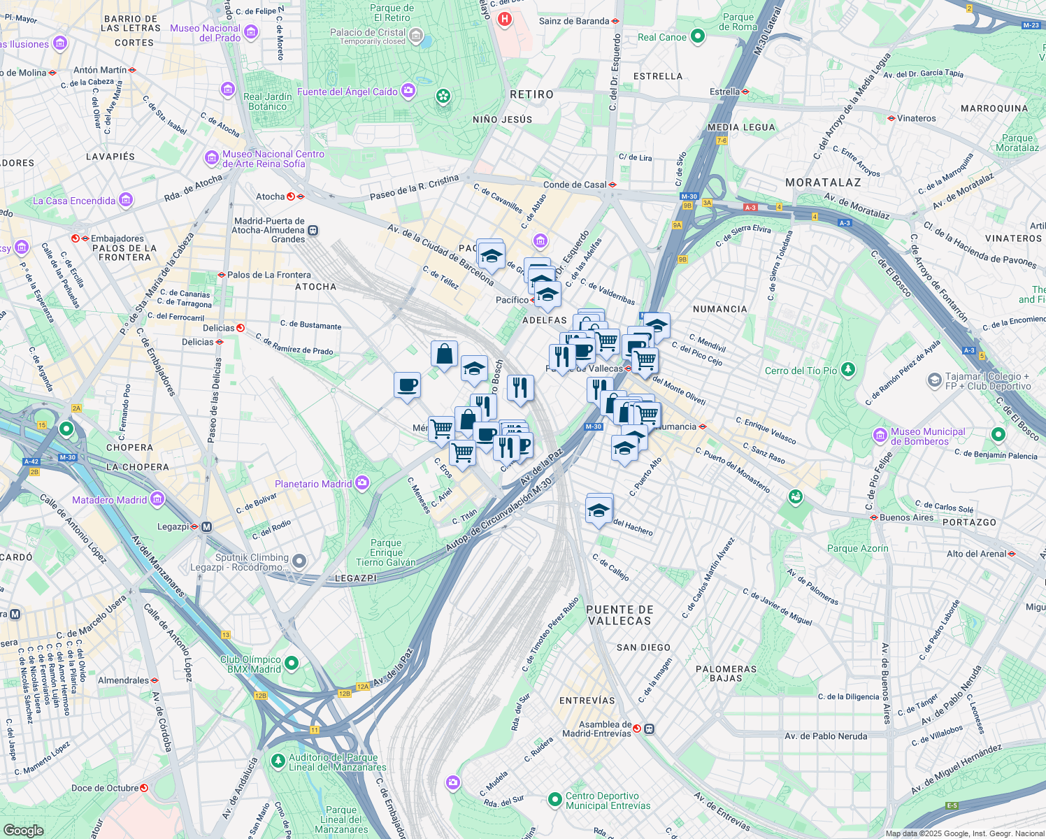 map of restaurants, bars, coffee shops, grocery stores, and more near 4 Calle del Ombú in Madrid