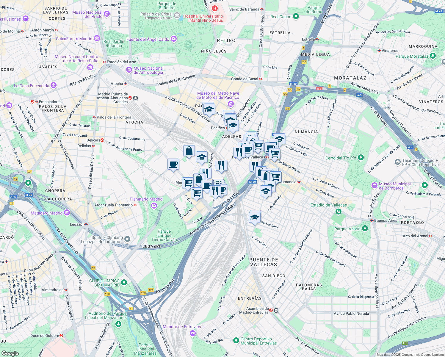 map of restaurants, bars, coffee shops, grocery stores, and more near 4 Calle del Ombú in Madrid