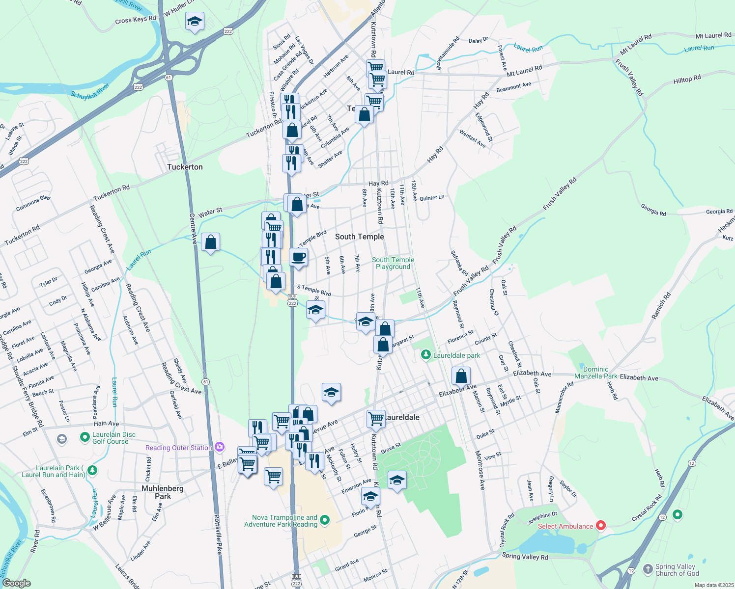 map of restaurants, bars, coffee shops, grocery stores, and more near 708 South Temple Boulevard in Temple