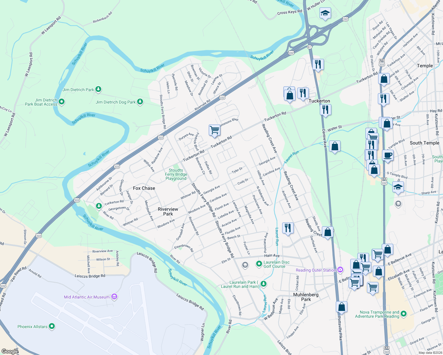 map of restaurants, bars, coffee shops, grocery stores, and more near 1026 Boeshore Circle in Reading