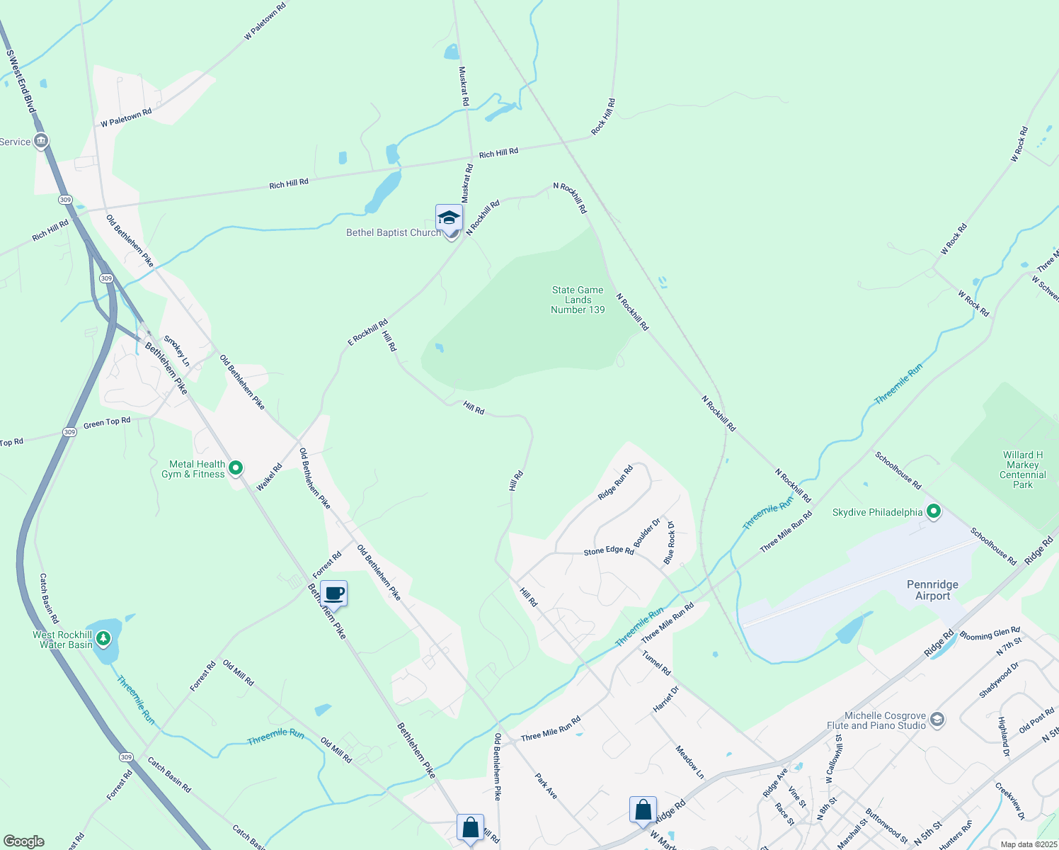 map of restaurants, bars, coffee shops, grocery stores, and more near 2745 Hill Road in Sellersville