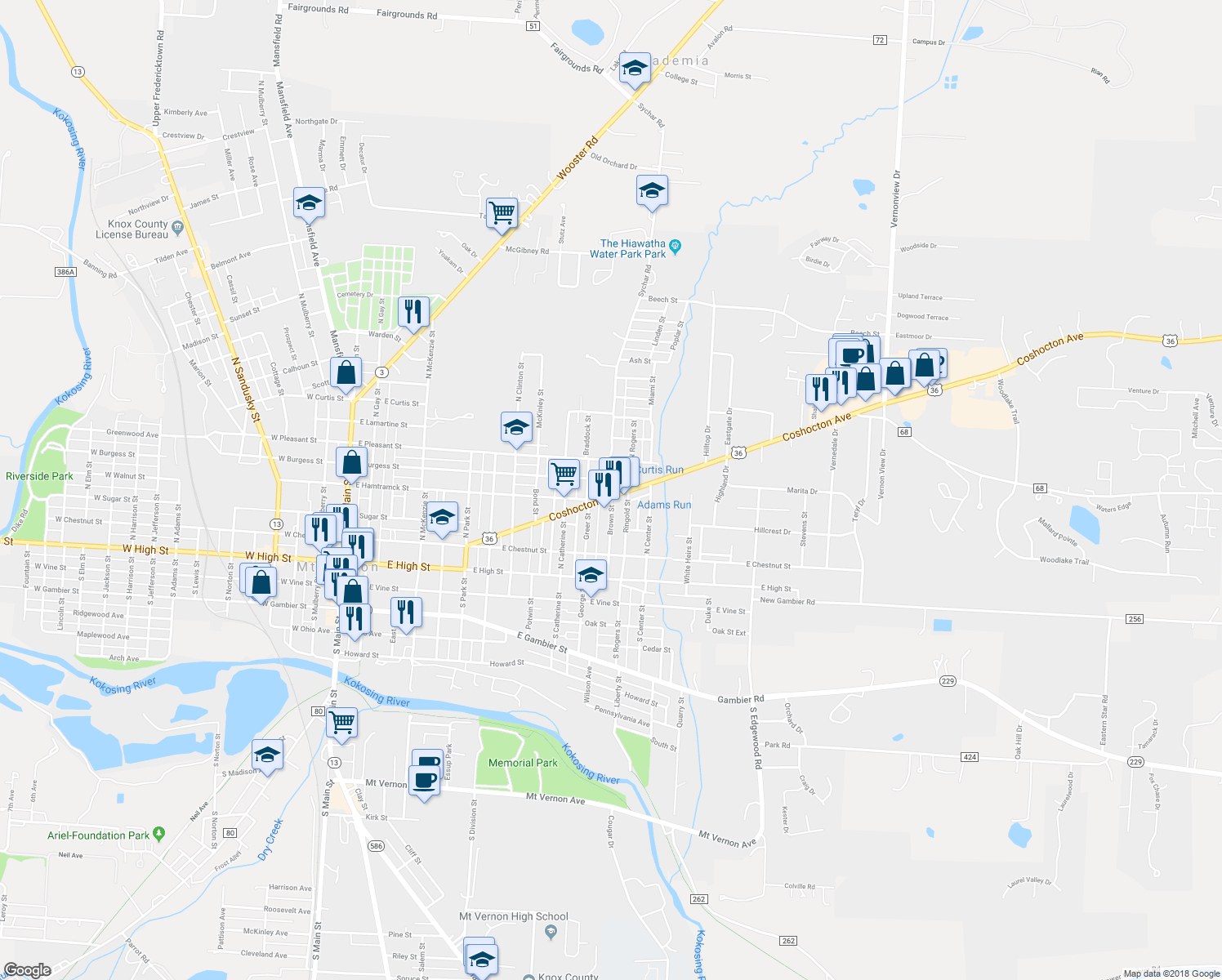 map of restaurants, bars, coffee shops, grocery stores, and more near 501 Coshocton Avenue in Mount Vernon