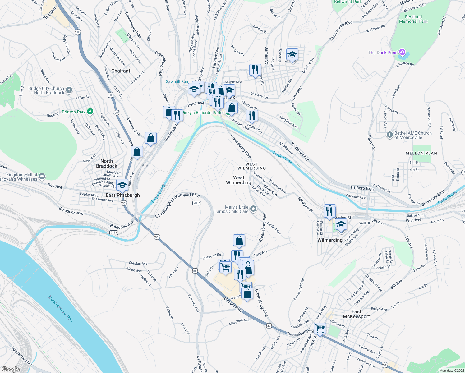 map of restaurants, bars, coffee shops, grocery stores, and more near 175 Central Ave in North Versailles