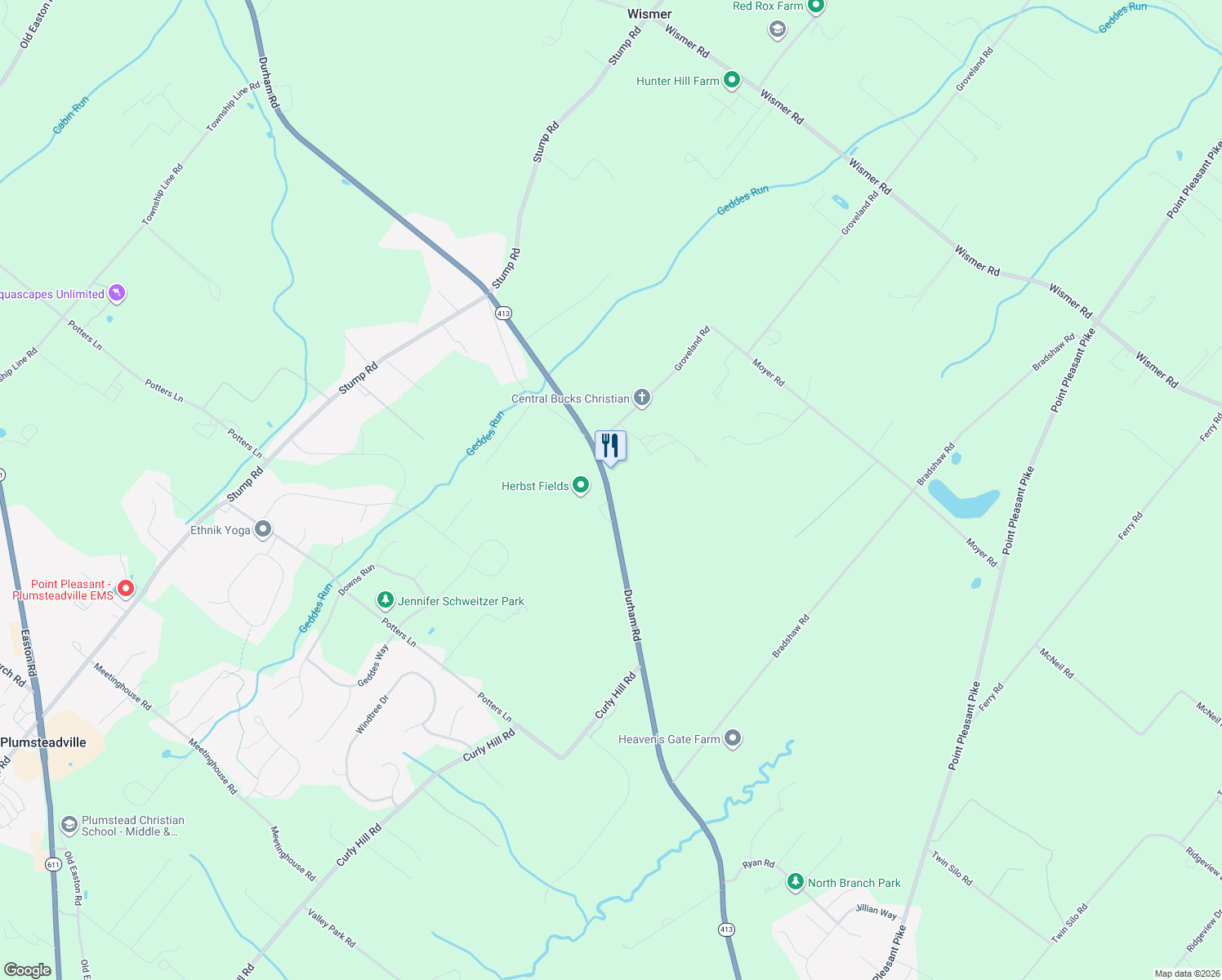 map of restaurants, bars, coffee shops, grocery stores, and more near 5453 Durham Road in Bucks County