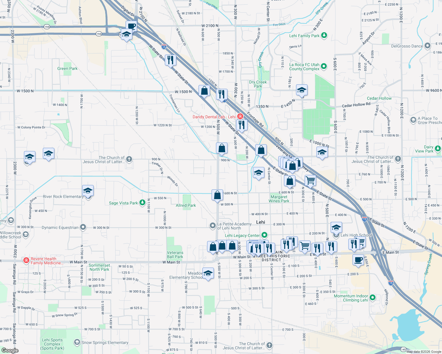 map of restaurants, bars, coffee shops, grocery stores, and more near 476 750 North in Lehi