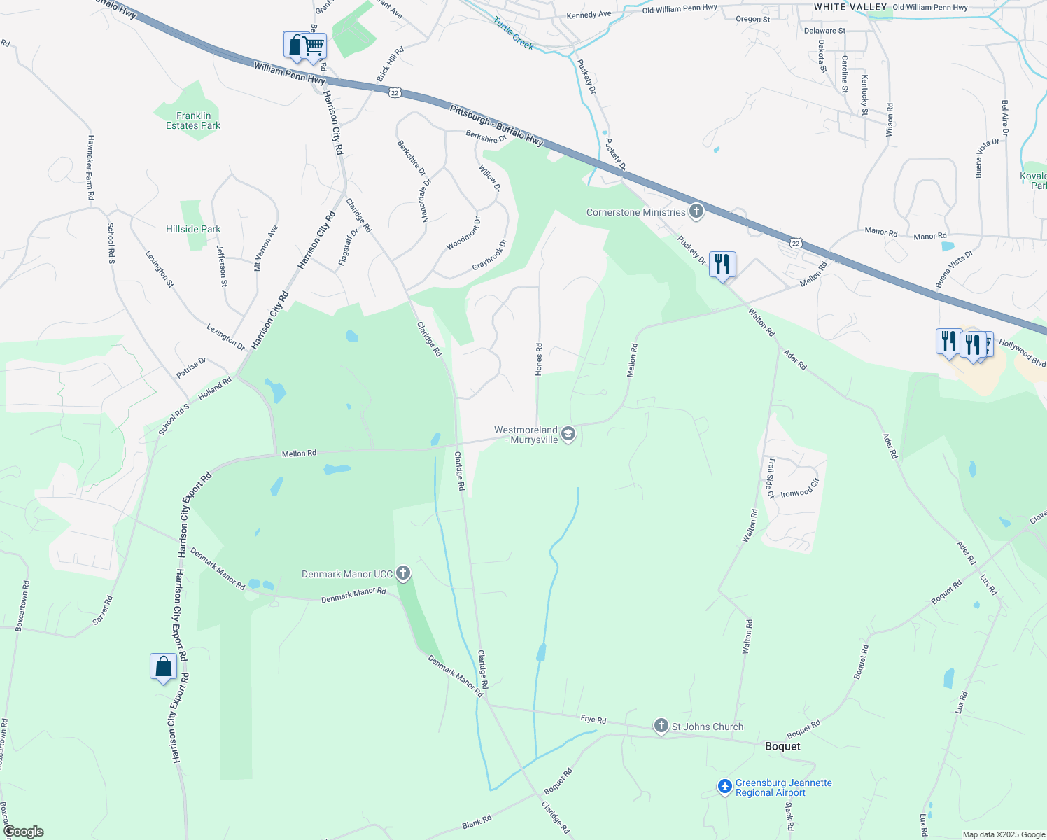 map of restaurants, bars, coffee shops, grocery stores, and more near 6906 Mellon Rd in Export