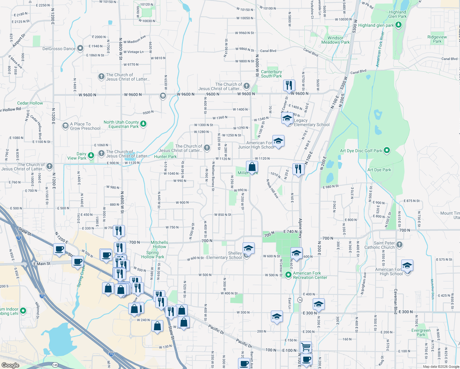 map of restaurants, bars, coffee shops, grocery stores, and more near 1023 N 250 W in American Fork