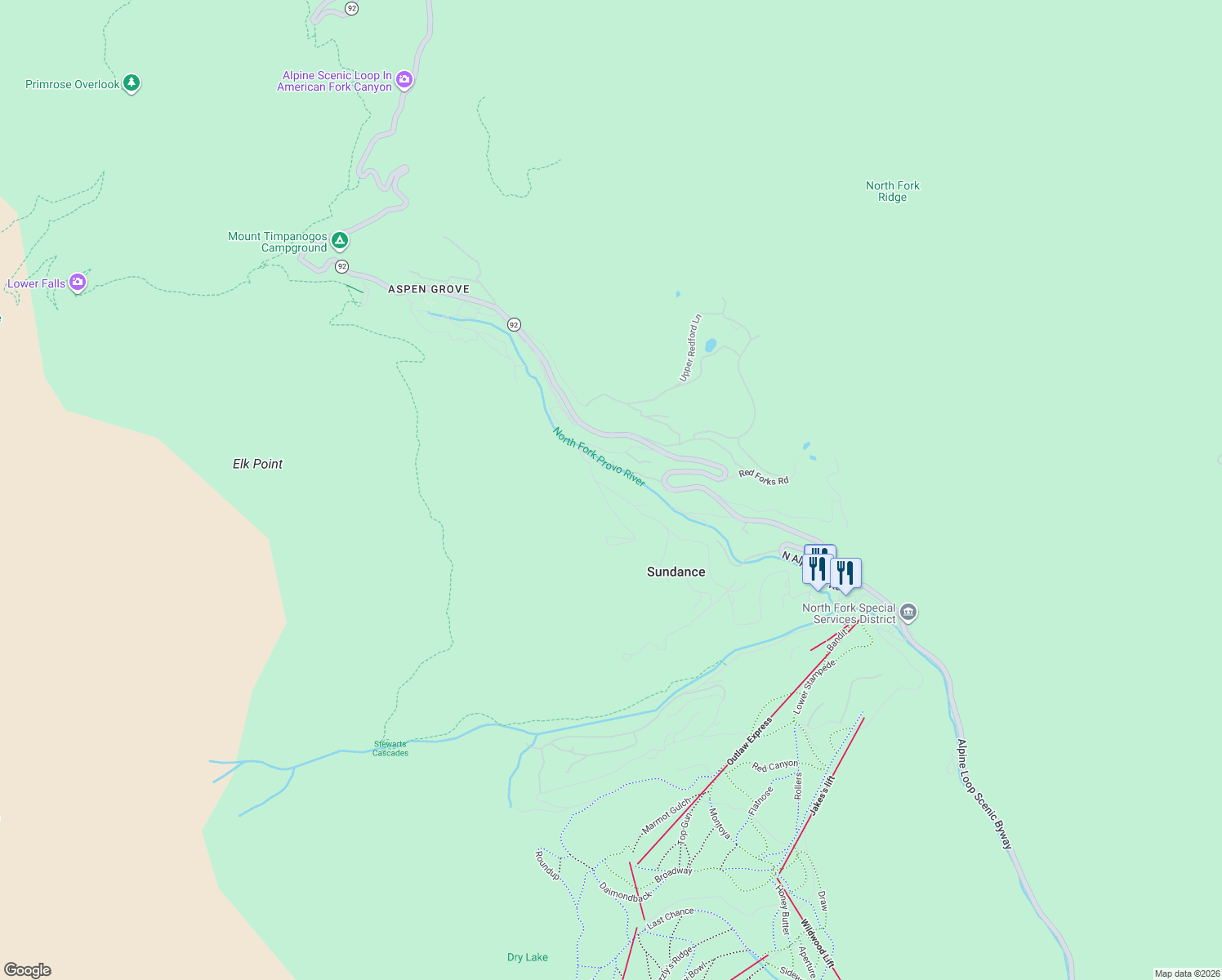map of restaurants, bars, coffee shops, grocery stores, and more near 9098 Timphaven Road in Sundance