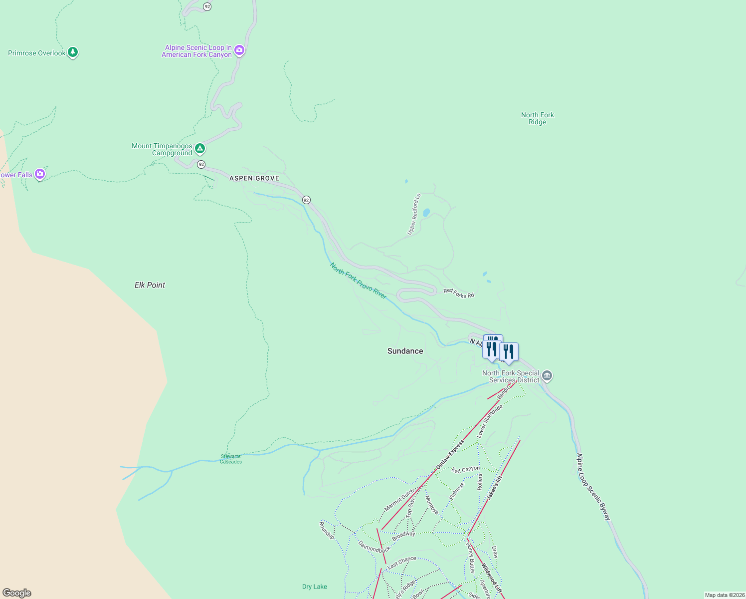 map of restaurants, bars, coffee shops, grocery stores, and more near 9098 Timphaven Road in Sundance