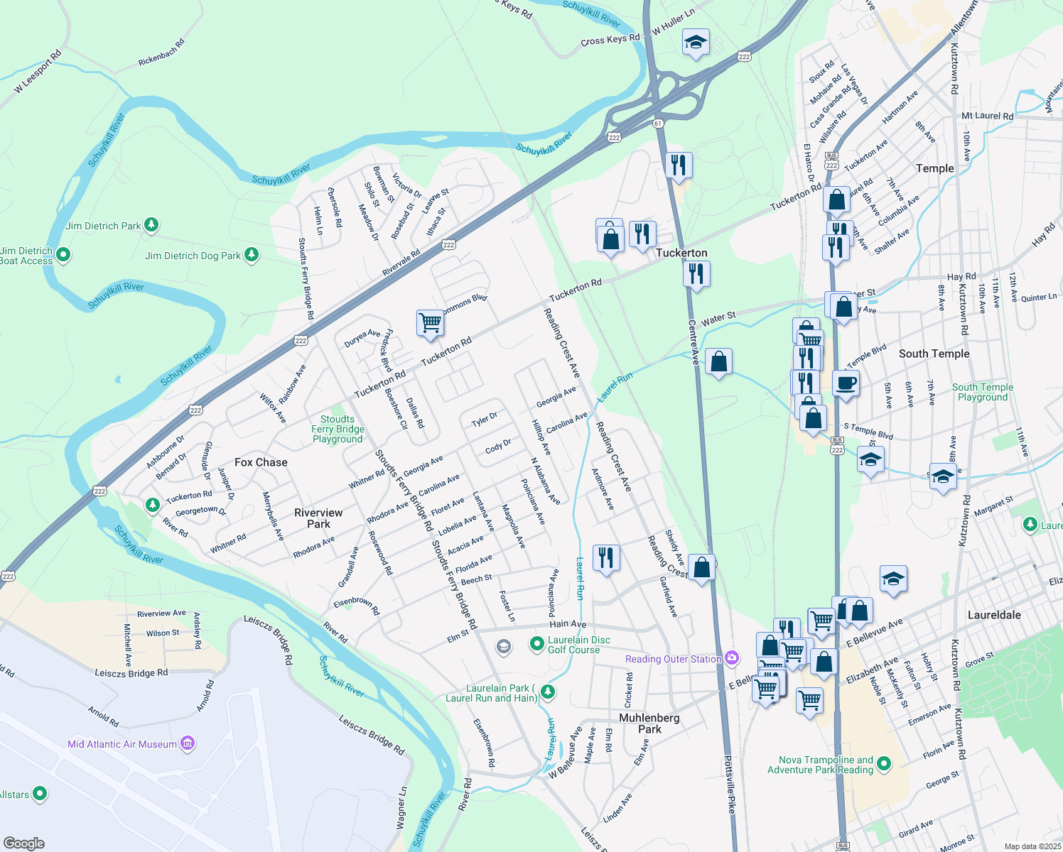 map of restaurants, bars, coffee shops, grocery stores, and more near 3906 Hilltop Ave in Reading