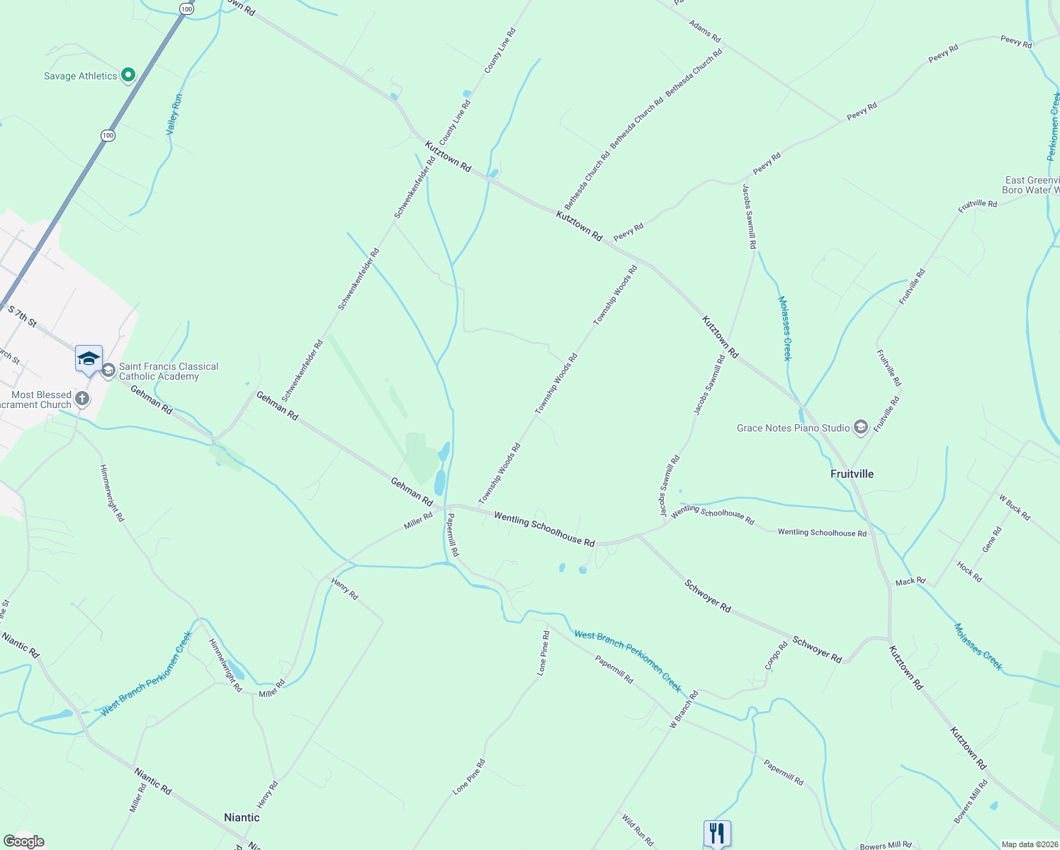 map of restaurants, bars, coffee shops, grocery stores, and more near 3106 Township Woods Road in East Greenville
