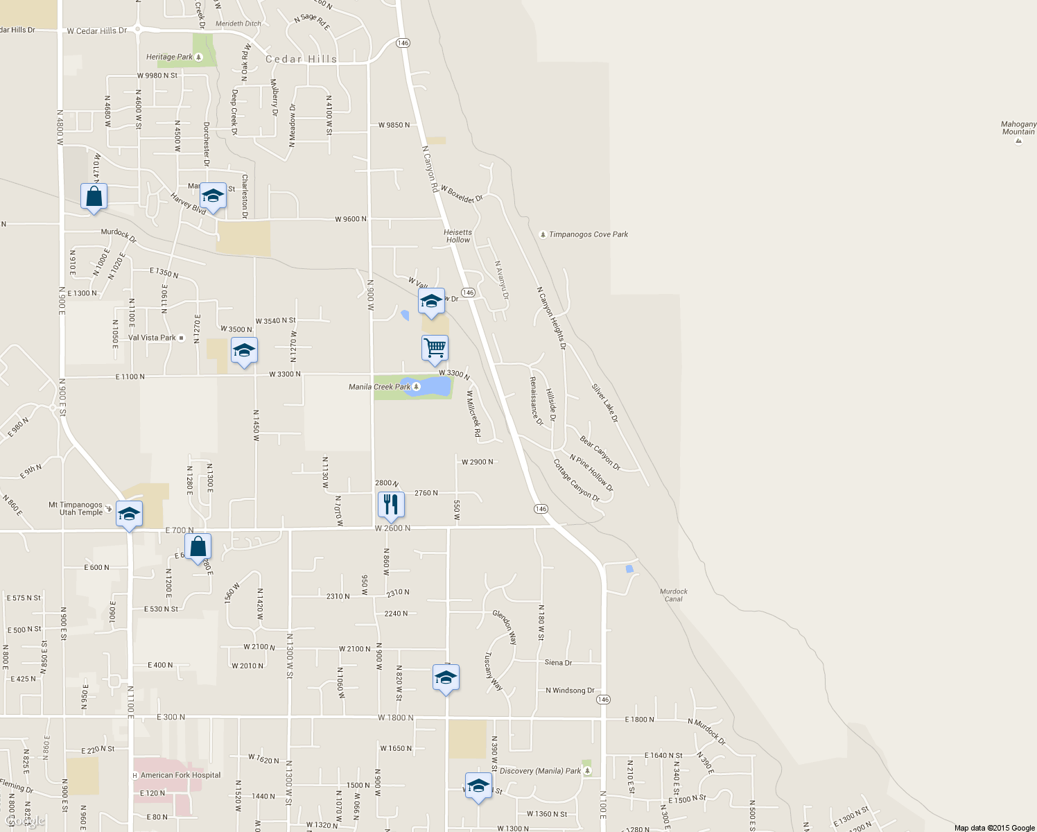 map of restaurants, bars, coffee shops, grocery stores, and more near 9096 North Canyon Road in Cedar Hills