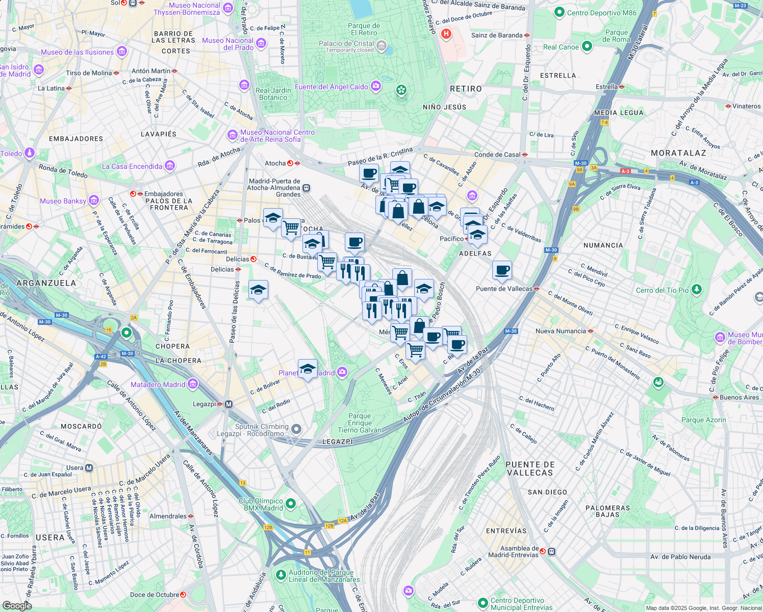 map of restaurants, bars, coffee shops, grocery stores, and more near 61 Calle de Méndez Álvaro in Madrid
