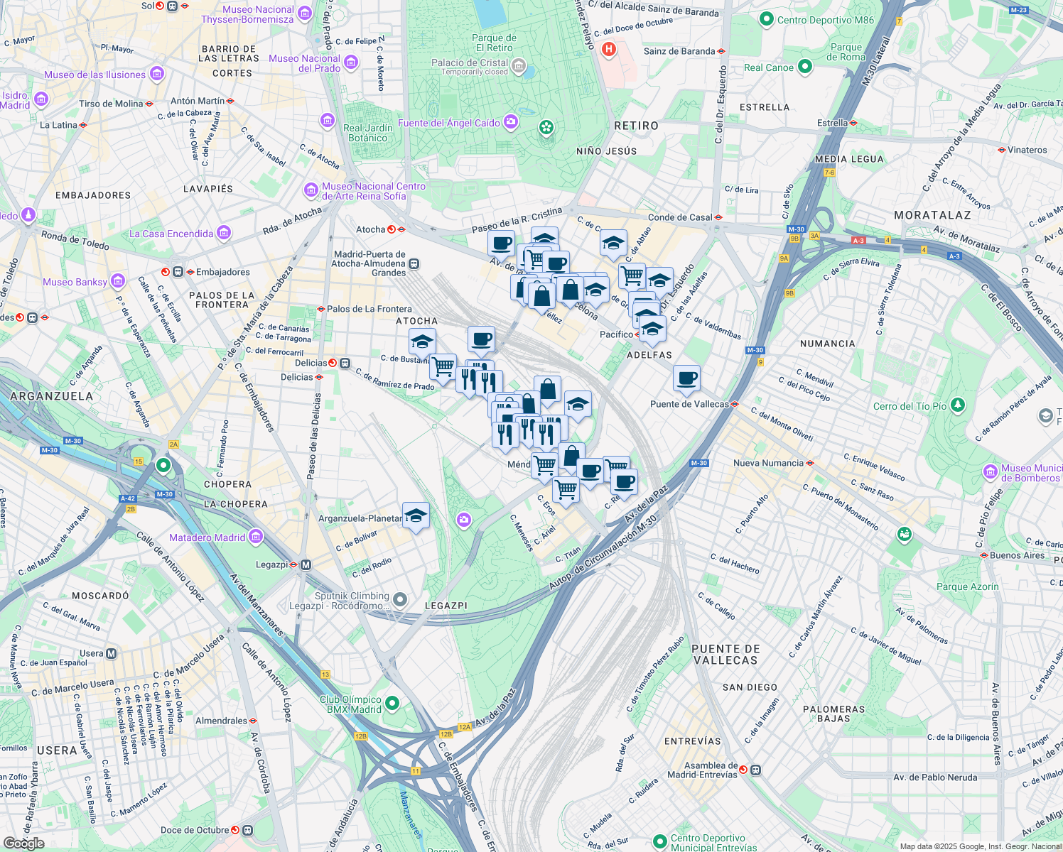 map of restaurants, bars, coffee shops, grocery stores, and more near 61 Calle de Méndez Álvaro in Madrid