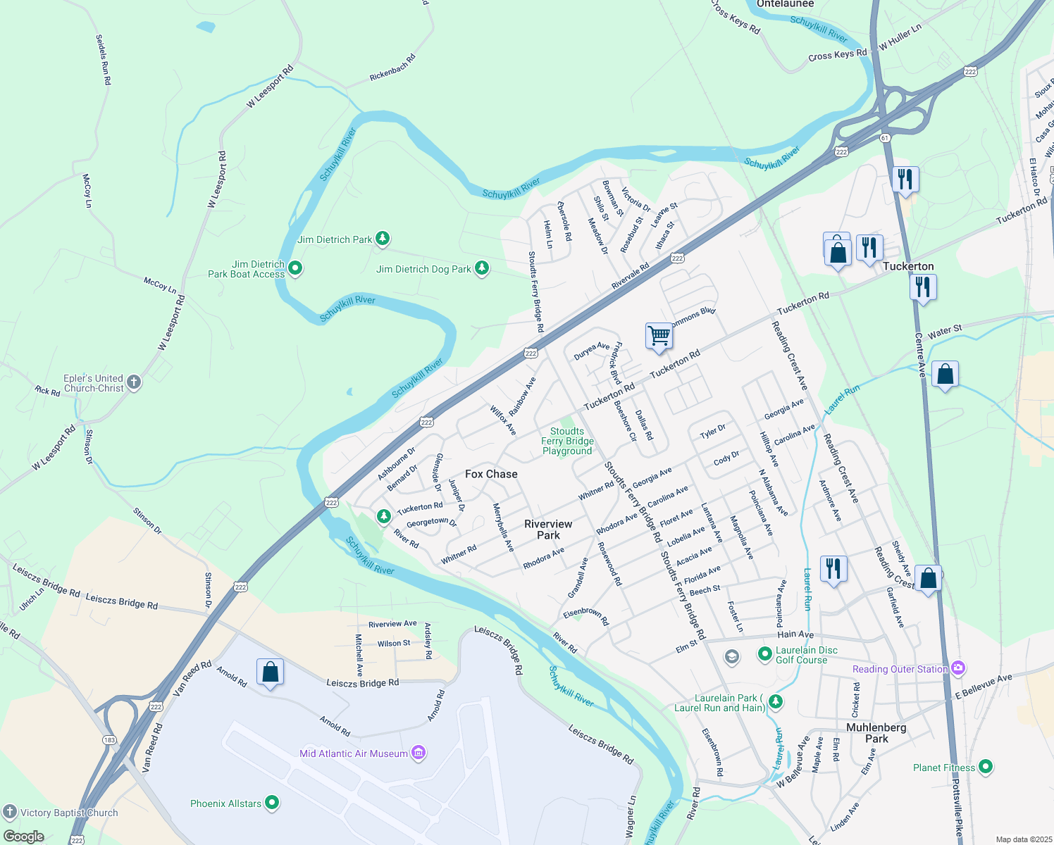 map of restaurants, bars, coffee shops, grocery stores, and more near 819 Suellen Dr in Reading