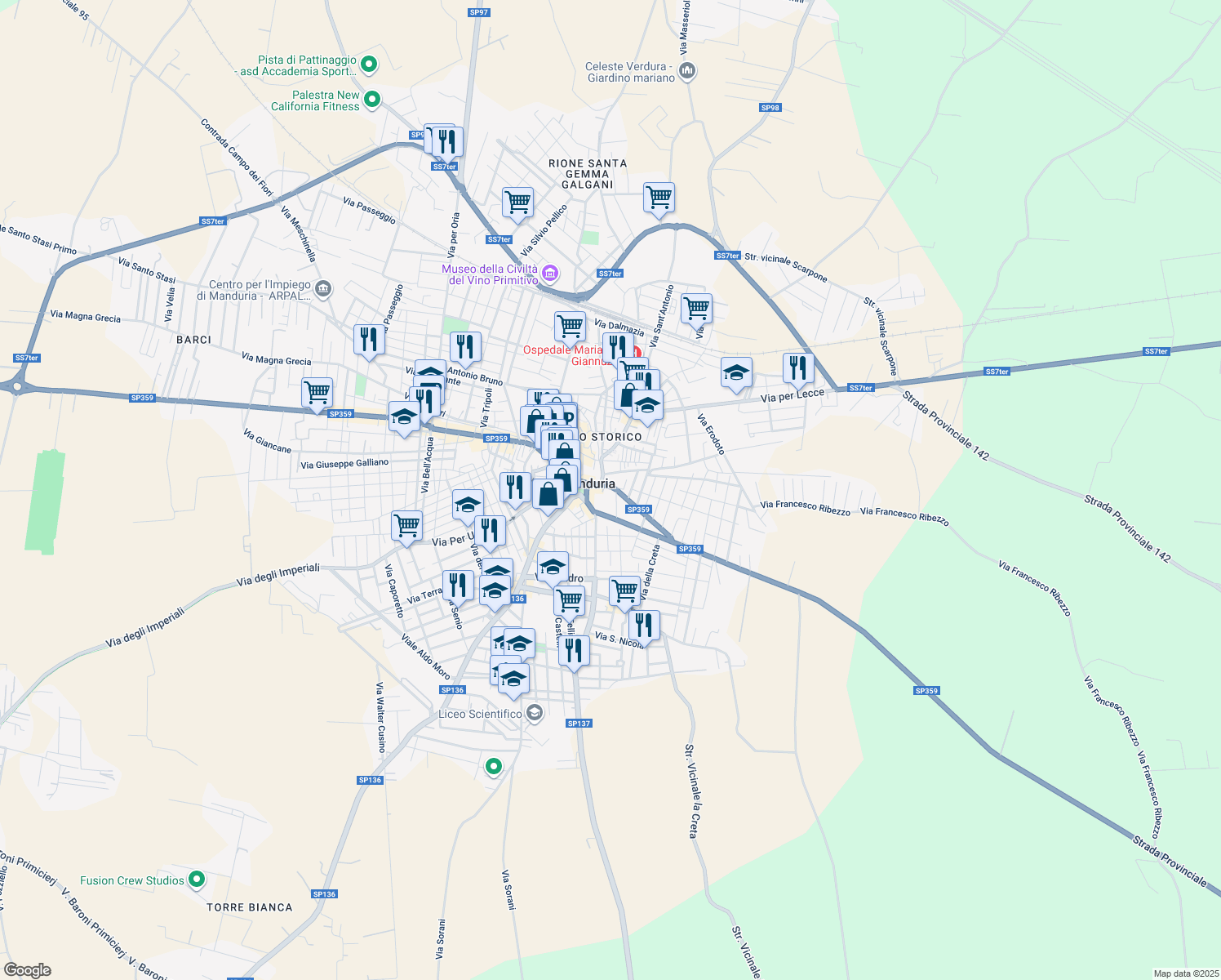 map of restaurants, bars, coffee shops, grocery stores, and more near 5 Via Santa Lucia in Manduria