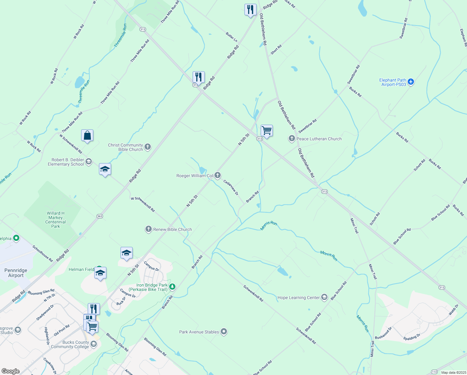 map of restaurants, bars, coffee shops, grocery stores, and more near 2002 Evergreen Dr in Perkasie