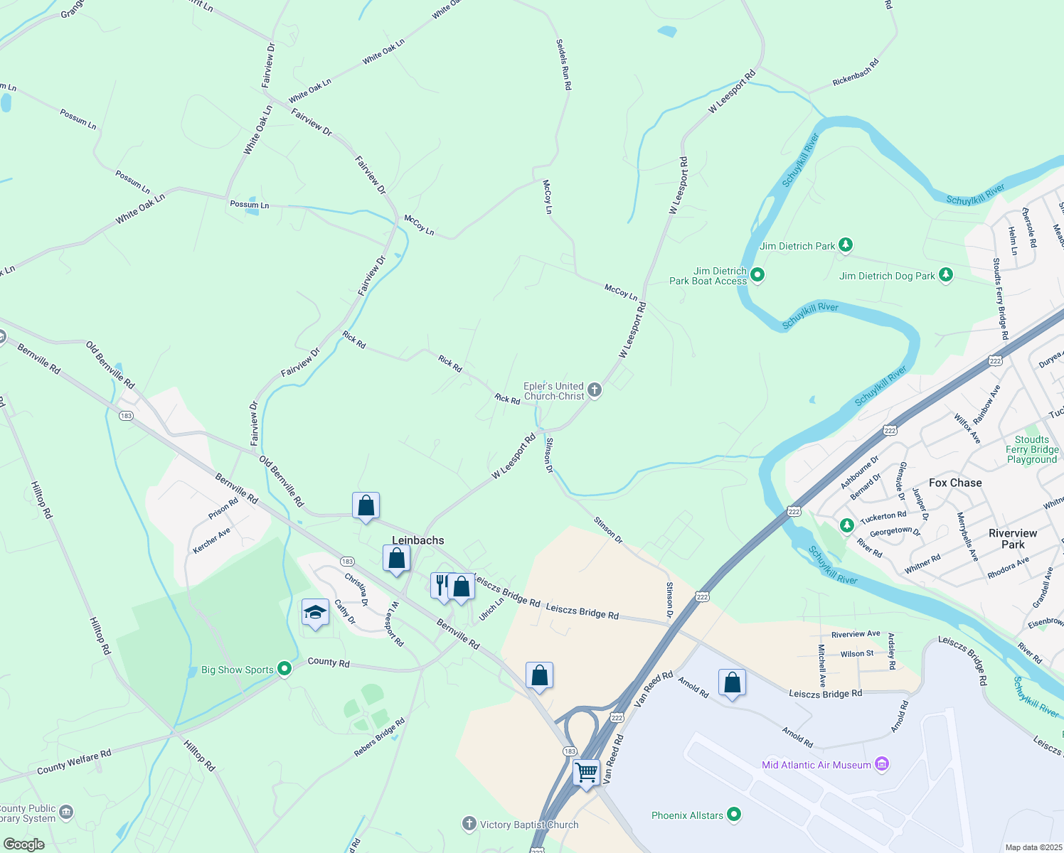map of restaurants, bars, coffee shops, grocery stores, and more near 1108 West Leesport Road in Leesport