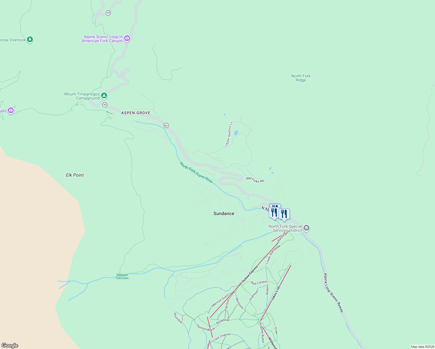 map of restaurants, bars, coffee shops, grocery stores, and more near 2942 Sunnyside Lane in Sundance