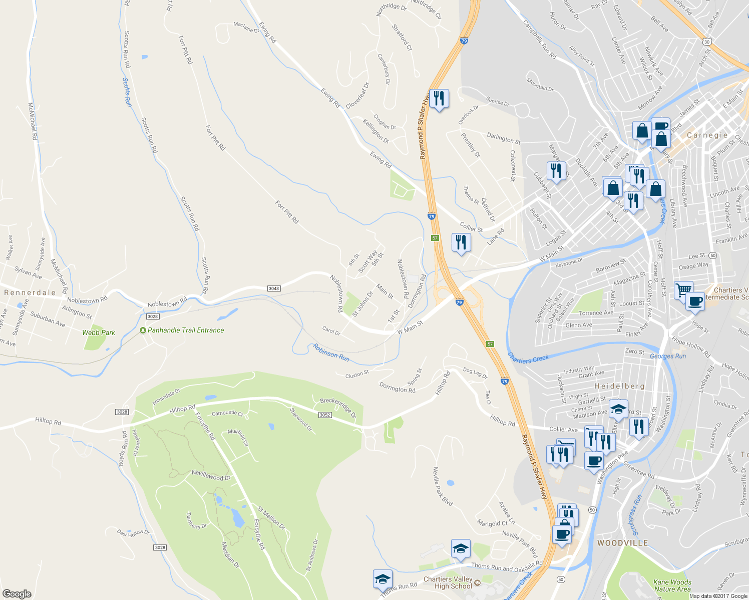 map of restaurants, bars, coffee shops, grocery stores, and more near 3 Willina Dr in Carnegie