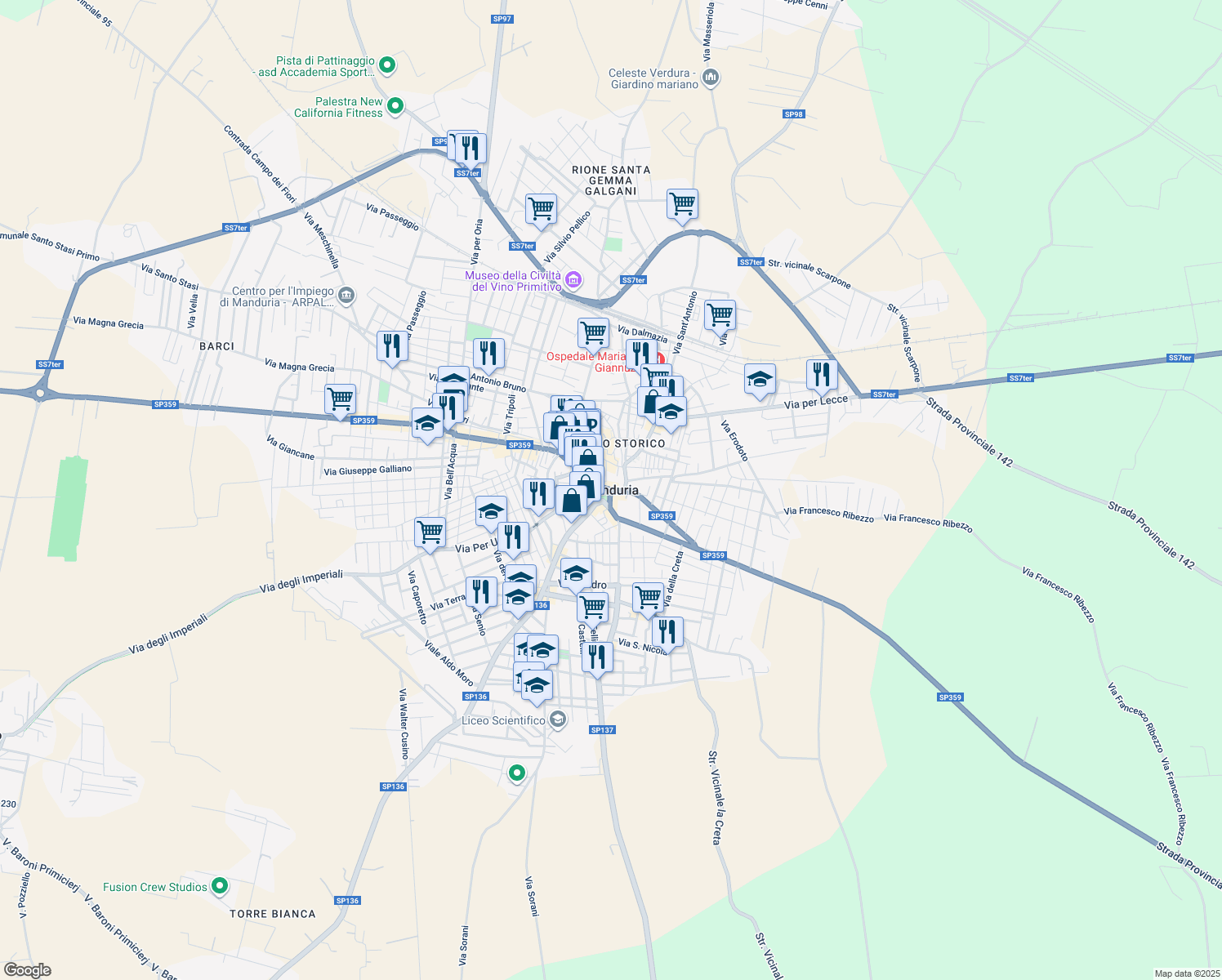 map of restaurants, bars, coffee shops, grocery stores, and more near 5 Via Santa Lucia in Manduria