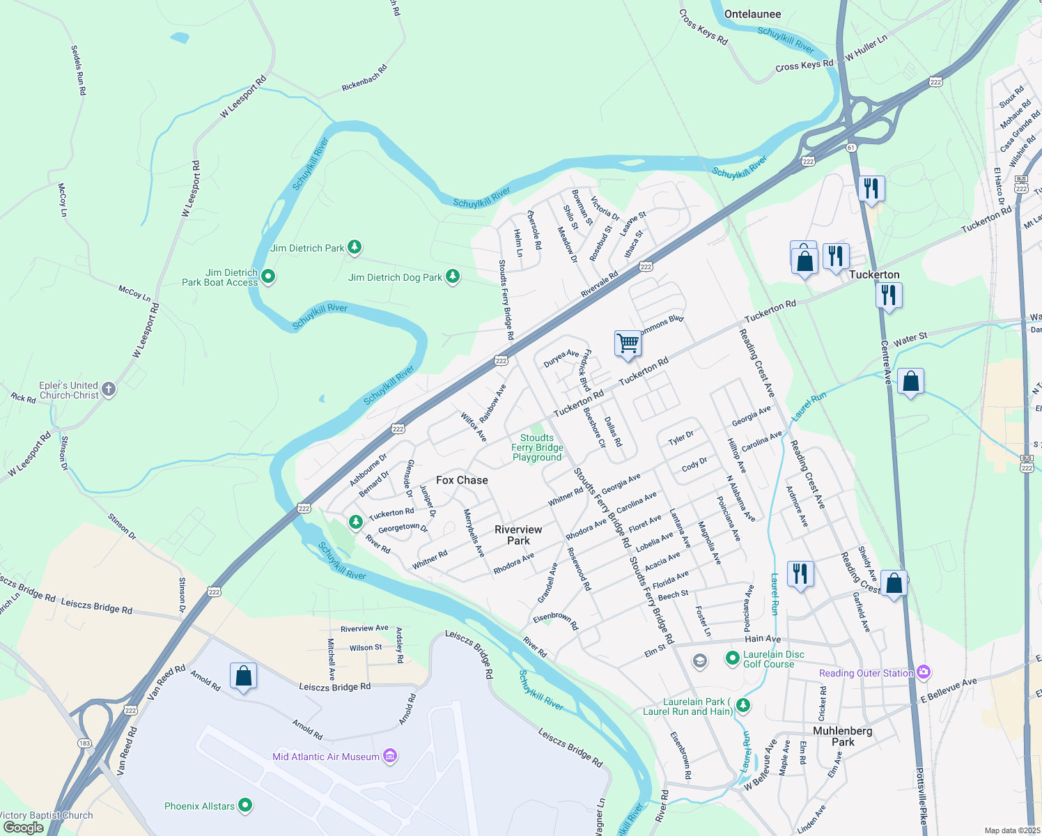 map of restaurants, bars, coffee shops, grocery stores, and more near 4303 Lahall Court in Reading