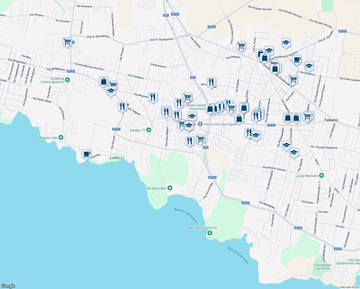 map of restaurants, bars, coffee shops, grocery stores, and more near 7 Via Santo Stefano in Taranto