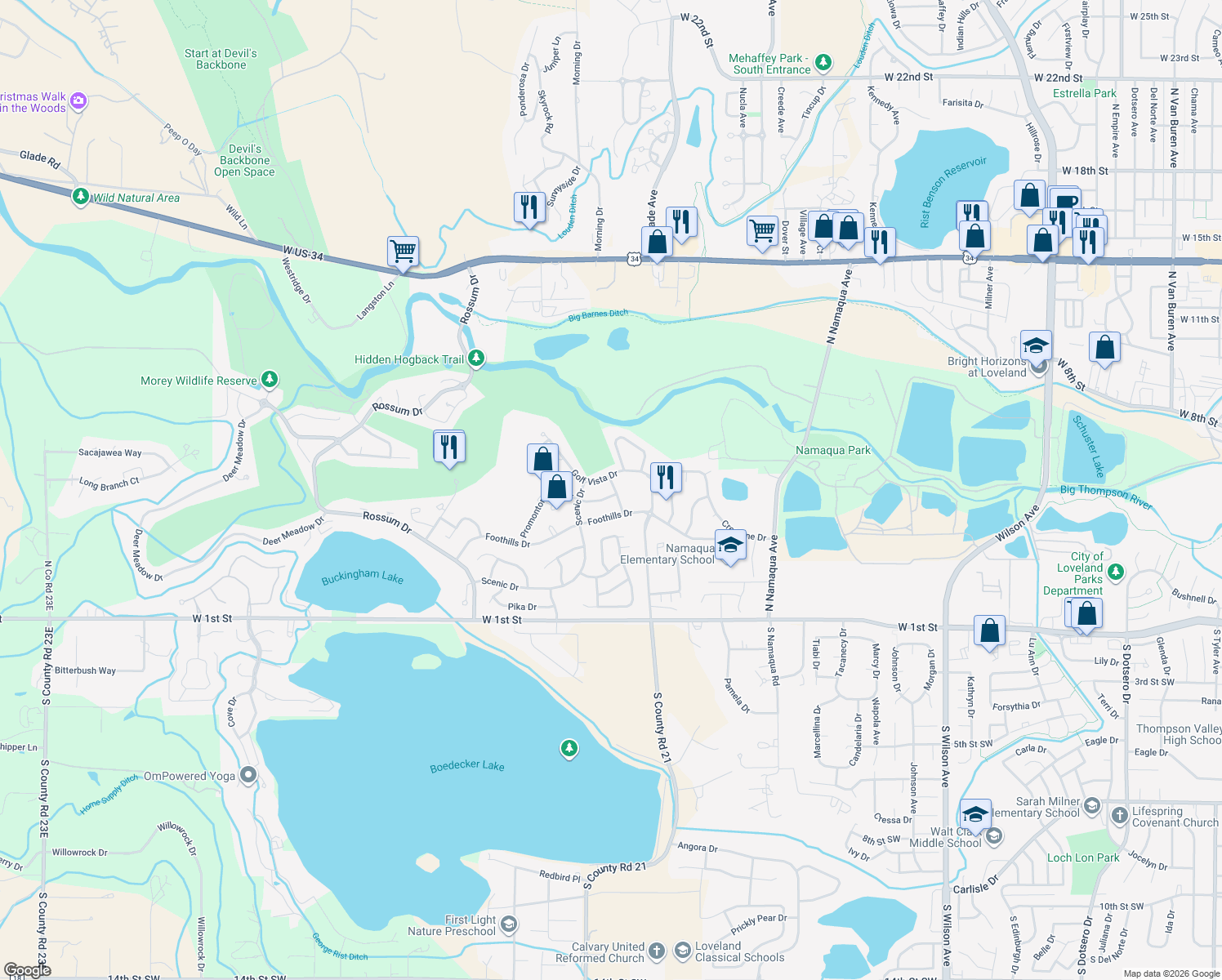 map of restaurants, bars, coffee shops, grocery stores, and more near 4125 Lookout Drive in Loveland