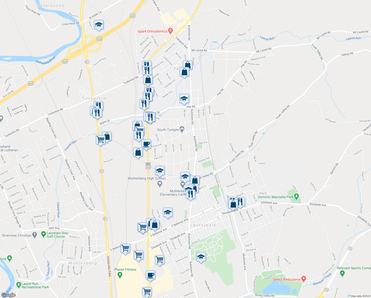 map of restaurants, bars, coffee shops, grocery stores, and more near 710 Park Avenue in Temple