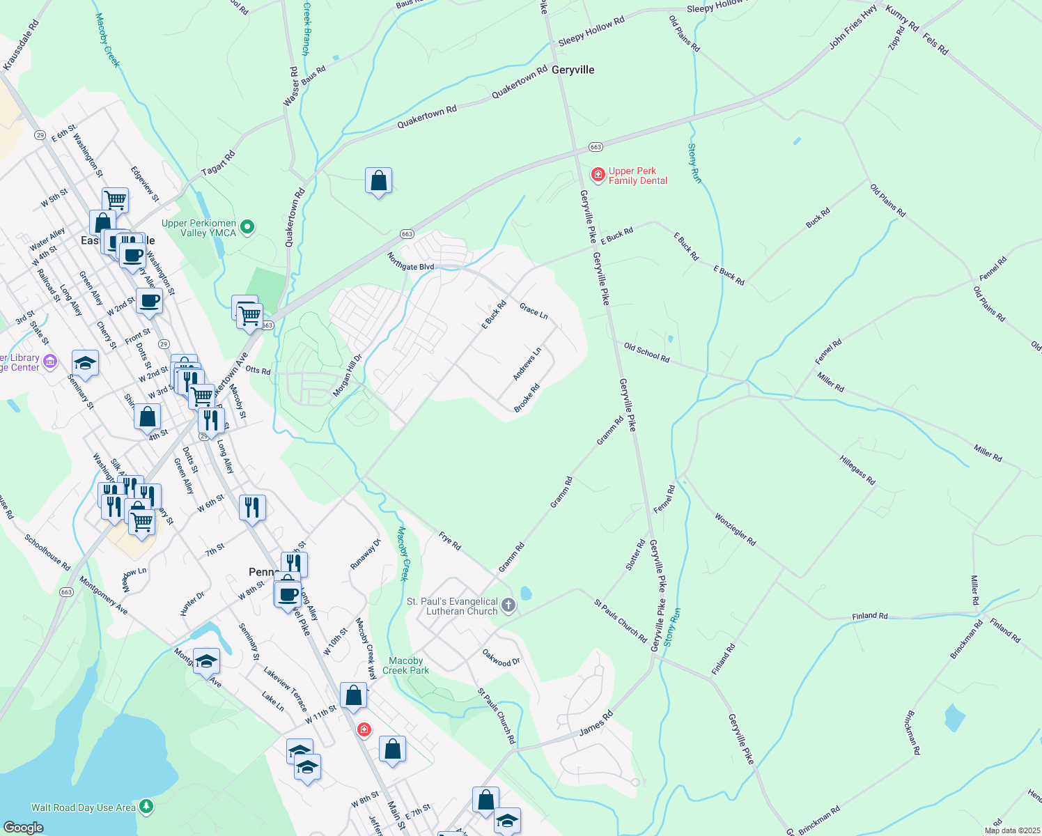 map of restaurants, bars, coffee shops, grocery stores, and more near 2522 Brooke Rd in Pennsburg
