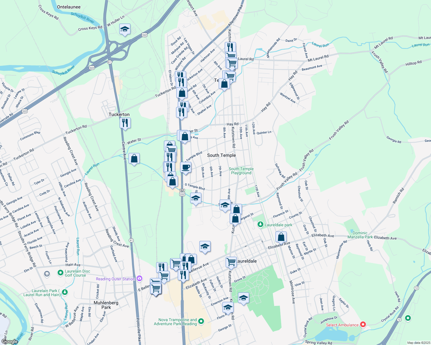 map of restaurants, bars, coffee shops, grocery stores, and more near 603 Park Ave in Temple