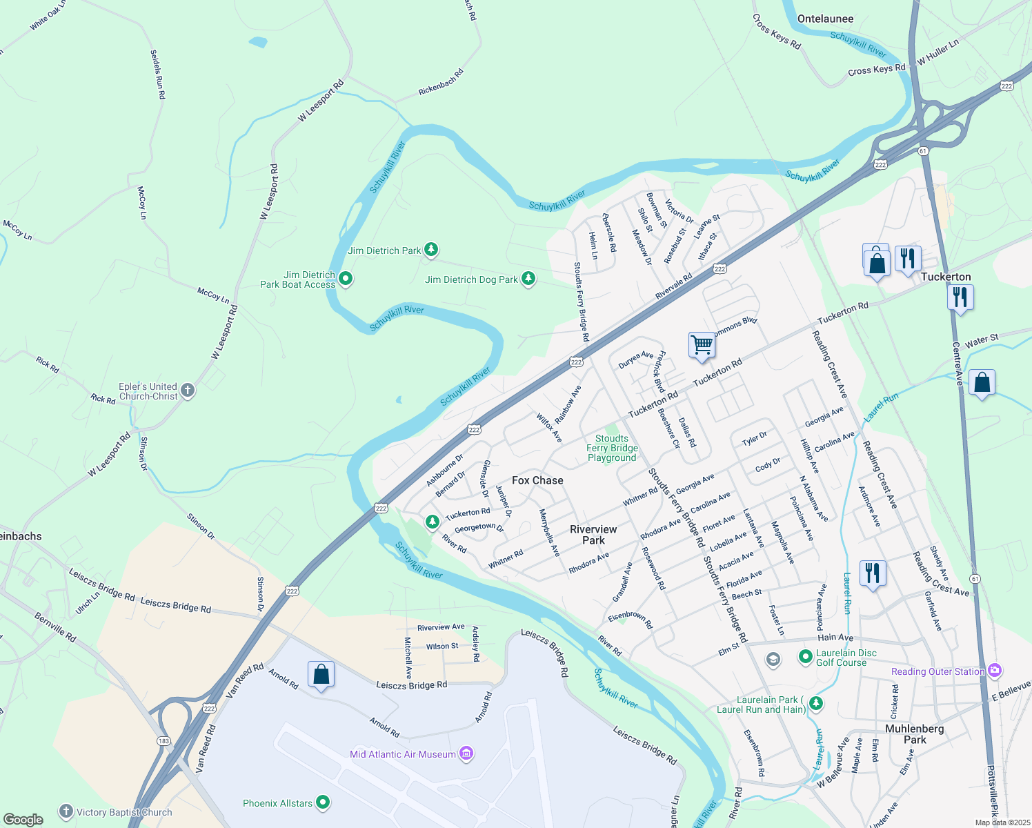 map of restaurants, bars, coffee shops, grocery stores, and more near 1105 Showers Lane in Reading