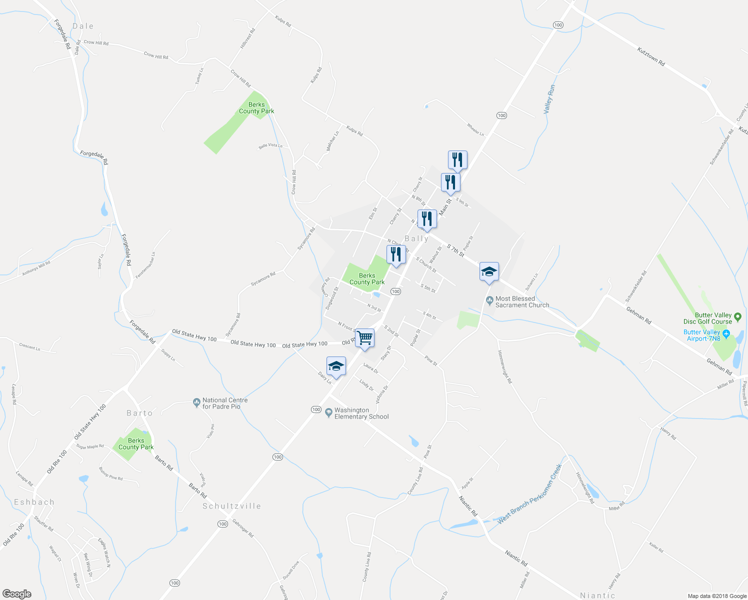map of restaurants, bars, coffee shops, grocery stores, and more near 115 North 4th Street in Bally