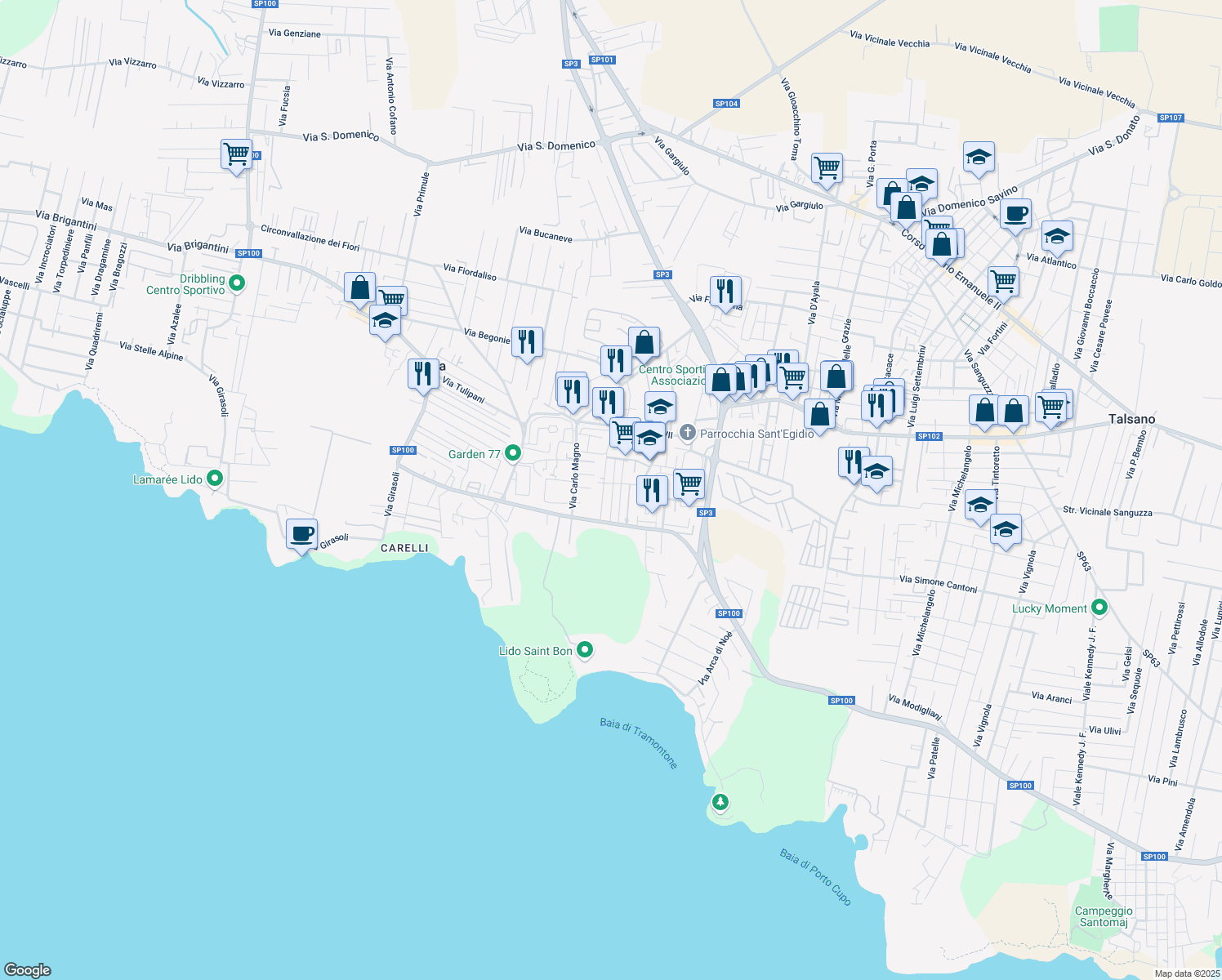 map of restaurants, bars, coffee shops, grocery stores, and more near 7 Via Santo Stefano in Taranto