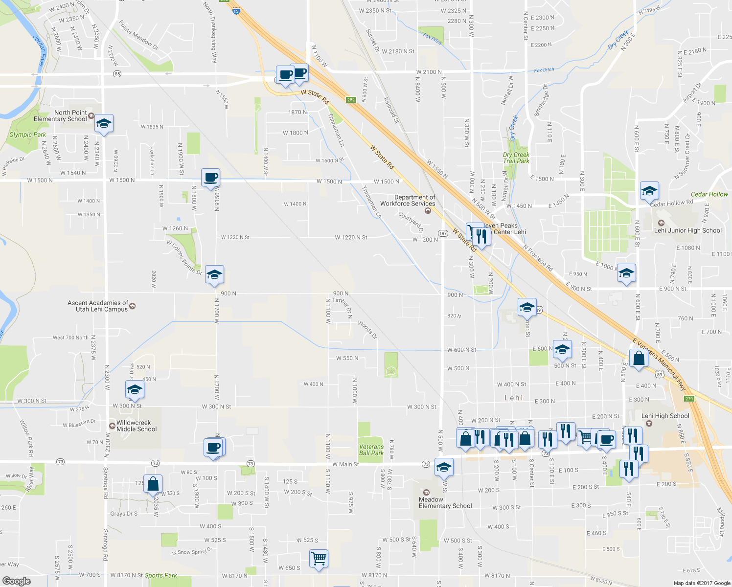 map of restaurants, bars, coffee shops, grocery stores, and more near 931 900 North in Lehi