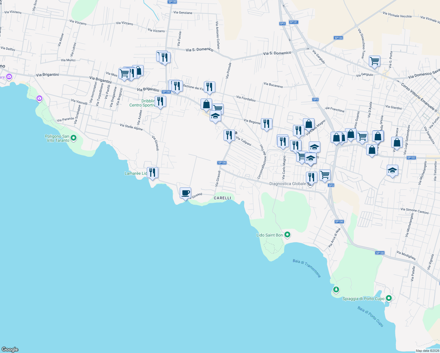 map of restaurants, bars, coffee shops, grocery stores, and more near 257 Via Girasoli in Taranto