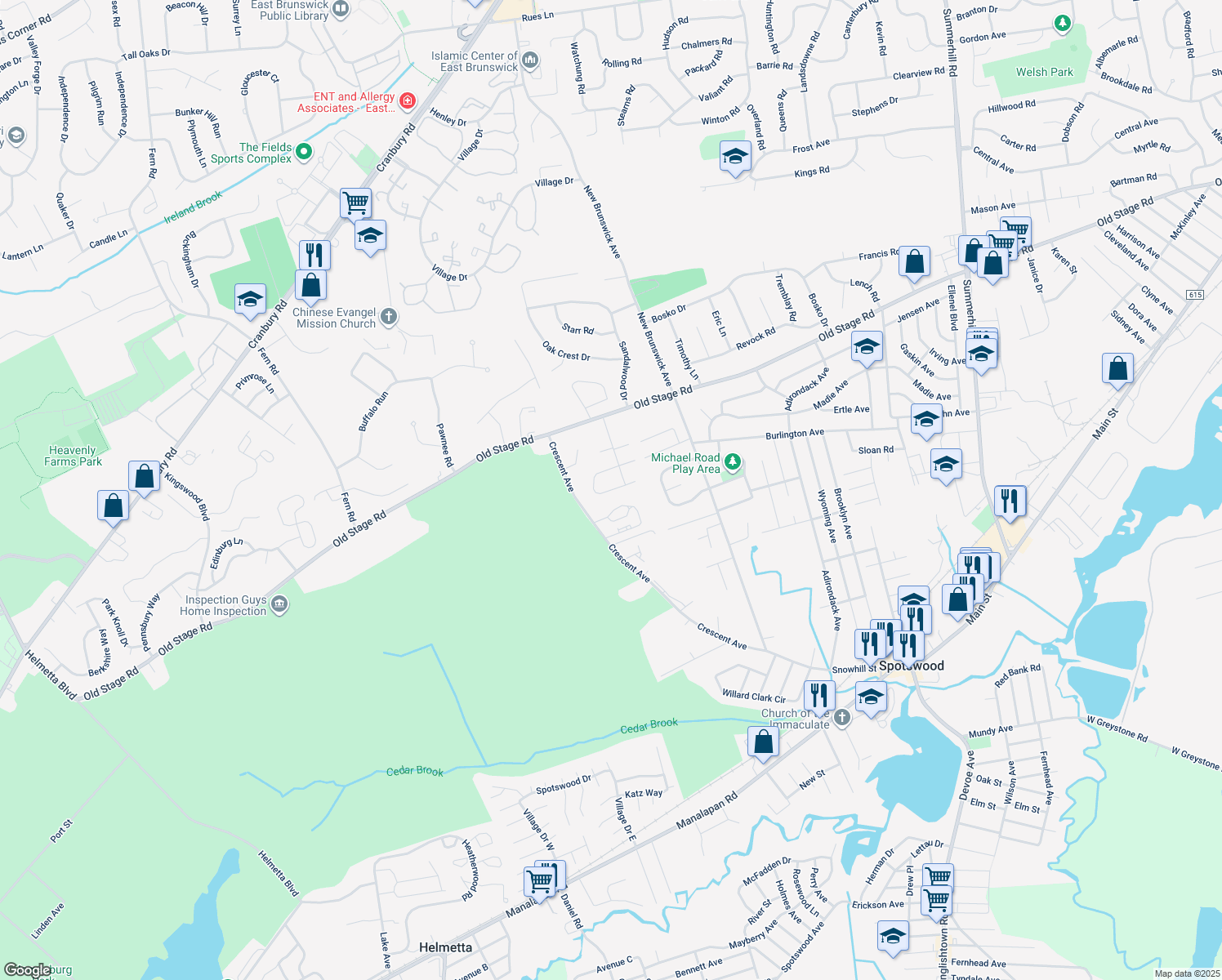 map of restaurants, bars, coffee shops, grocery stores, and more near 18 Samantha Way in Spotswood