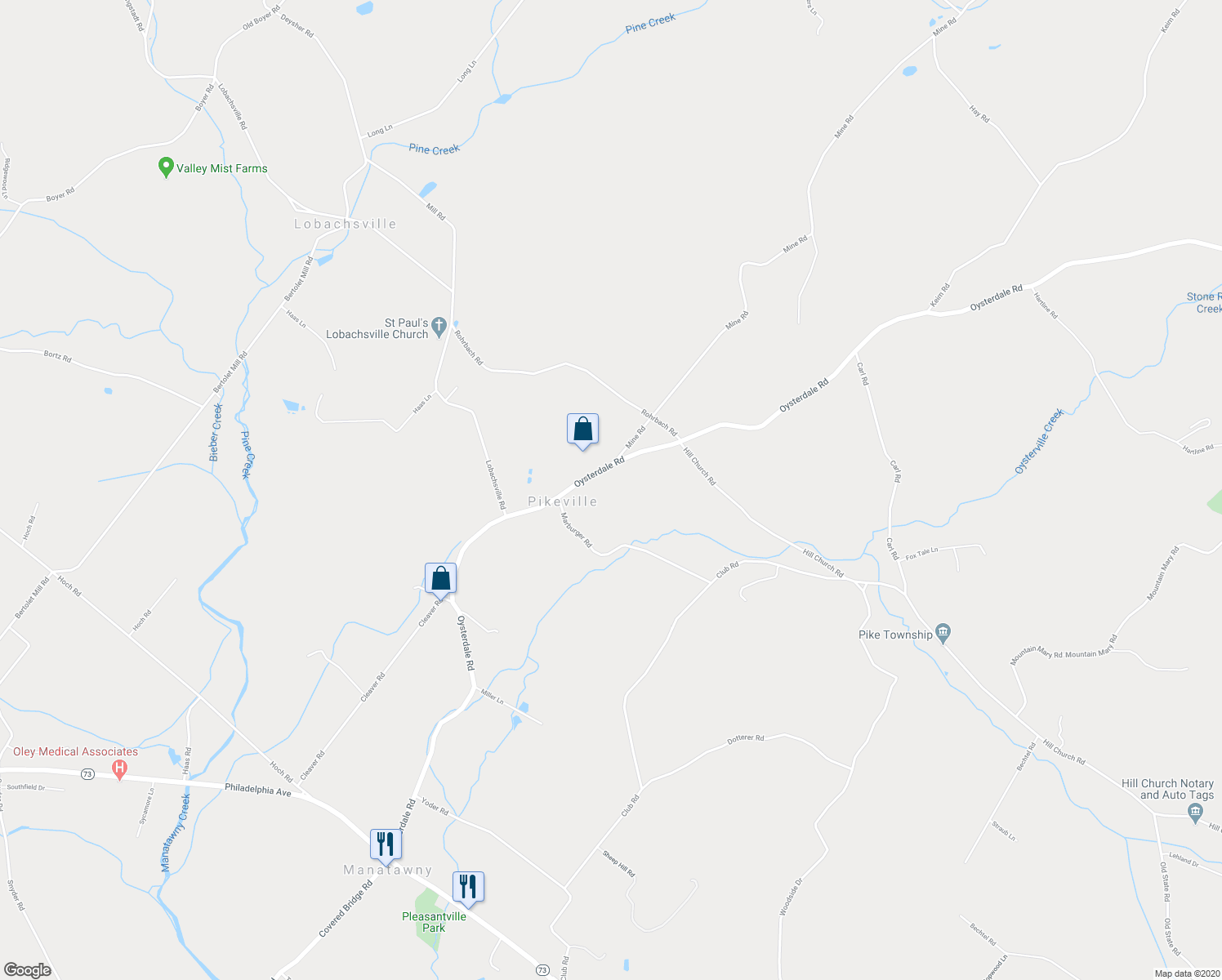 map of restaurants, bars, coffee shops, grocery stores, and more near 516 Oysterdale Road in Oley