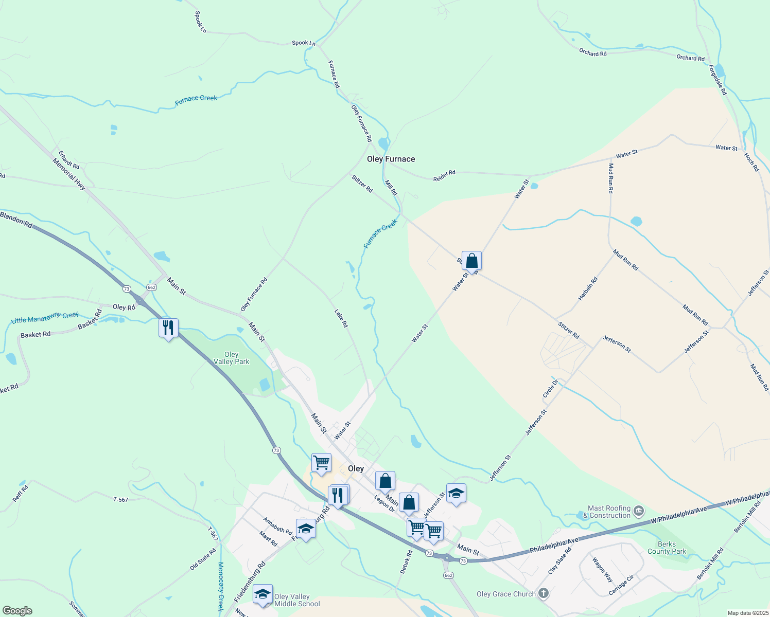 map of restaurants, bars, coffee shops, grocery stores, and more near 75 Lake Road in Oley