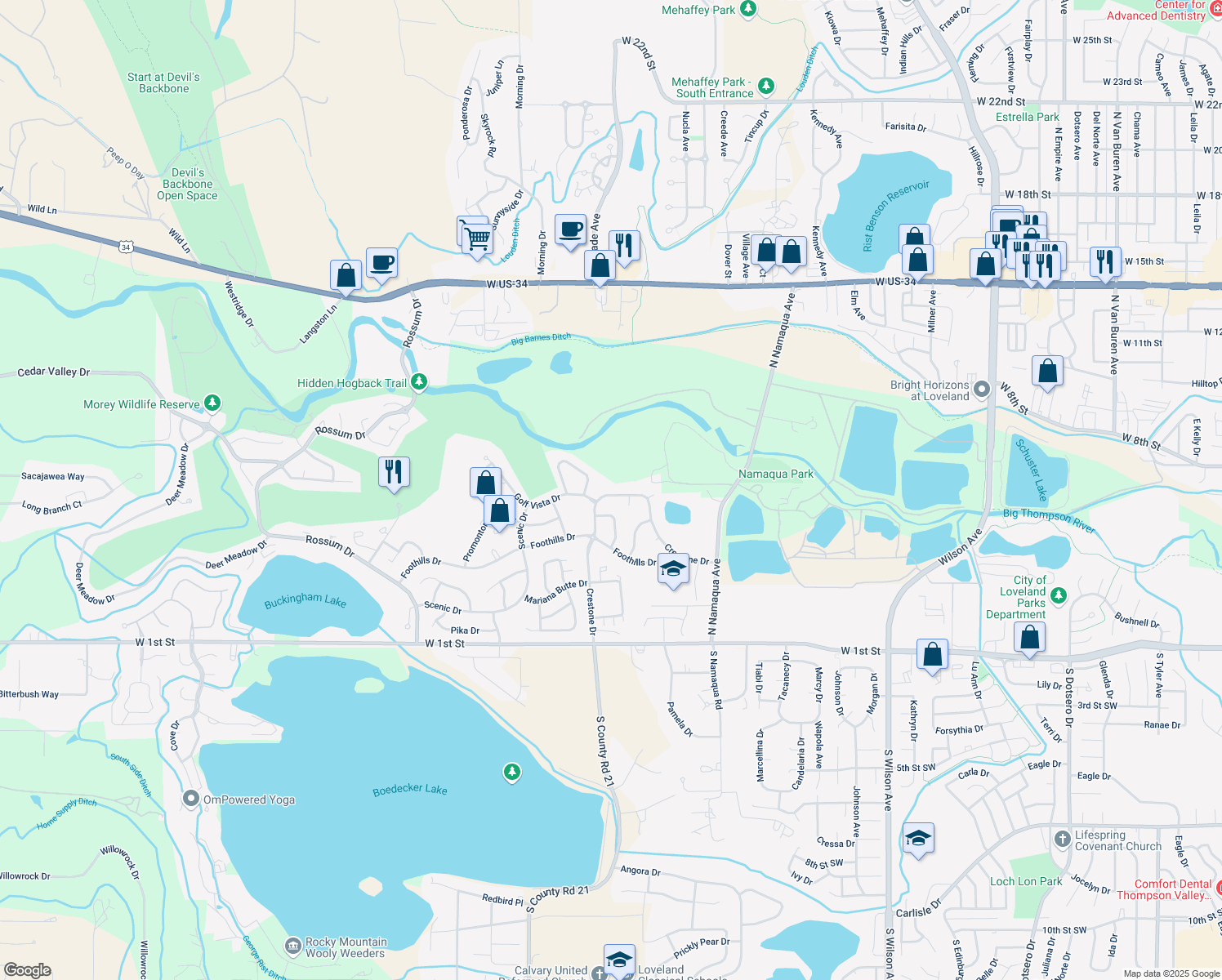 map of restaurants, bars, coffee shops, grocery stores, and more near 3877 Crestone Dr in Loveland